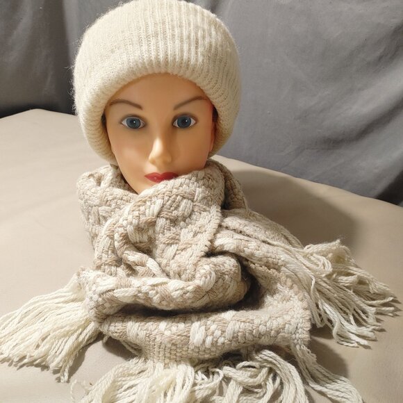 Handmade Vintage Cream Wool Beanie Hat Woven Fringe Scarf Giulia Biondi Italy - Picture 3 of 16